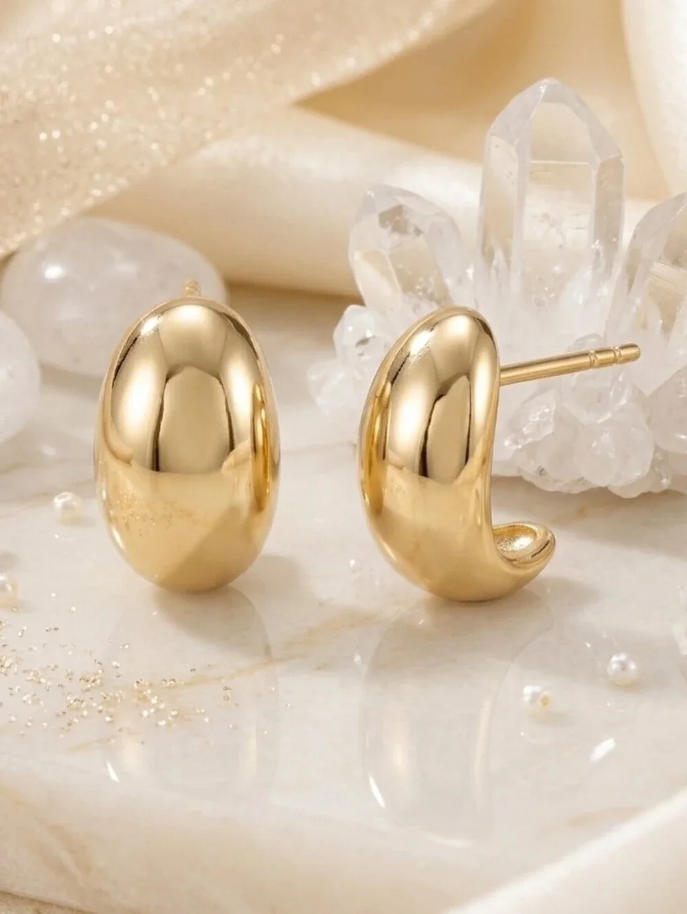 18K Yellow Gold Plated Dome Stud Earrings SS Old Money Minimalist Classic 0.43